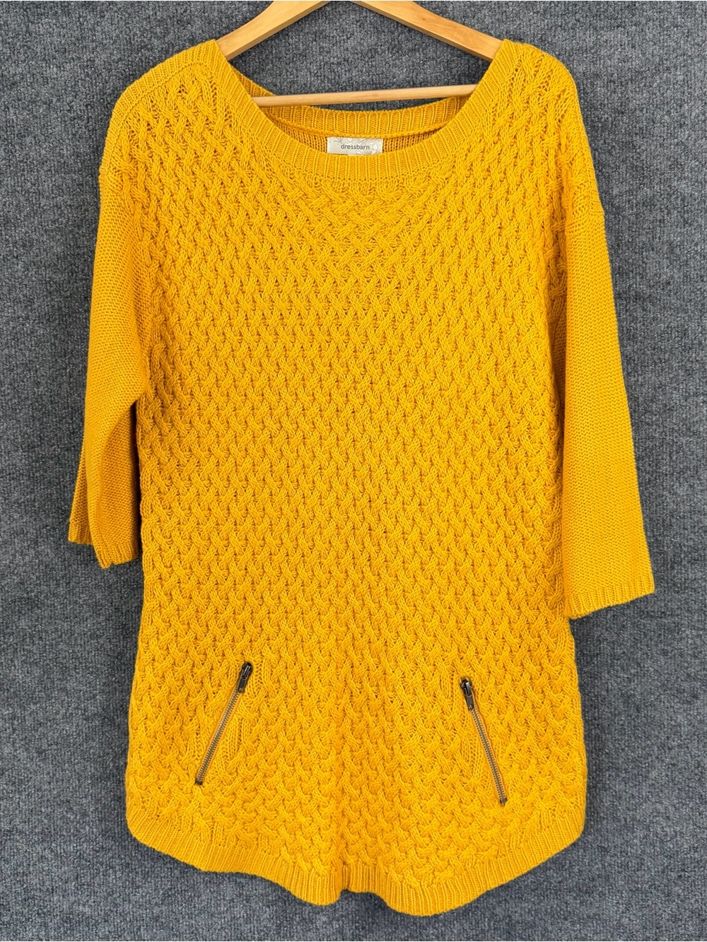 DressBarn Womens 1X 3/4 Sleeve Knit Sweater Golden Yellow Pullover Zipper Detail